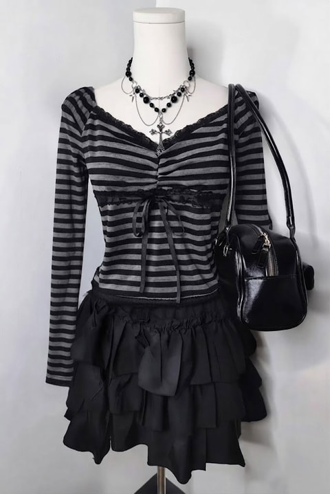 Siyah Antrasit Çizgili Grunge Fiyonklu Dantelli Y2K Uzun Kollu Crop