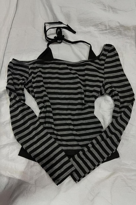 Siyah Antrasit Gotik Grunge Ek Askılı Açık Omuz Y2K Uzun Kollu Crop