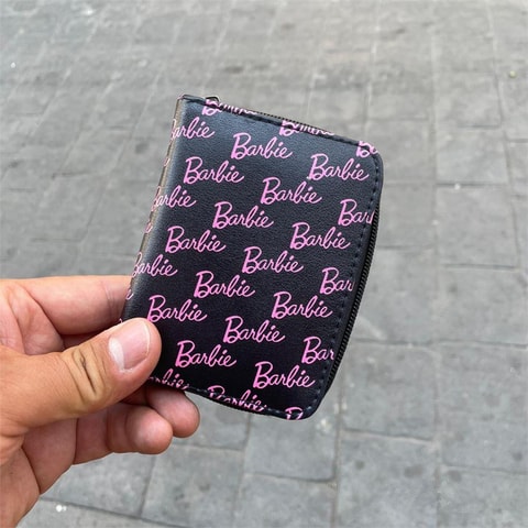 Siyah Barbie Pembe Yazılı Logo Kolaj Kısa Cüzdan