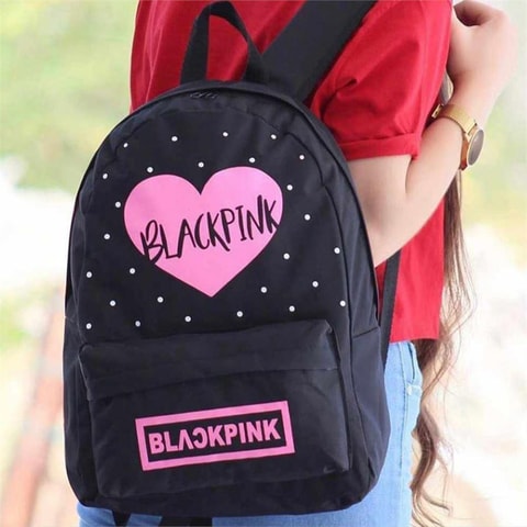 Siyah Black Pink Puantiyeli Kalp Logo Okul Sırt Çantası