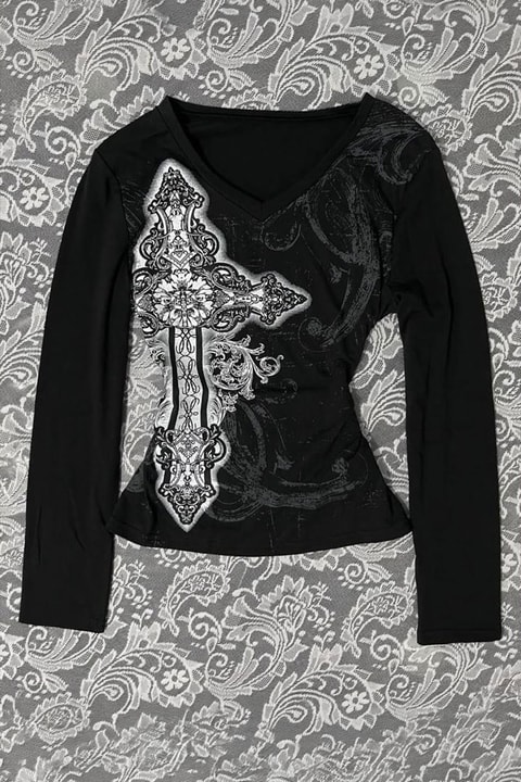 Siyah Cross Motifli Gotik Y2K Uzun Kollu Crop