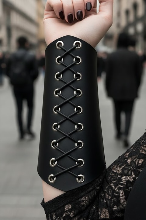 Siyah Deri Bağcıklı Gotik Bileklik