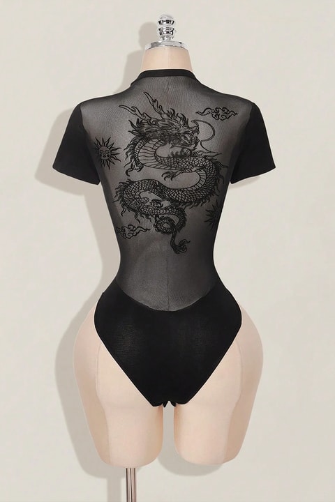 Siyah Dragon Baskılı Sırtı Tansparan Kısa Kollu Çıtçıtlı Body
