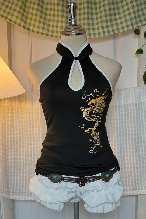 Siyah Dragon Embroidered Keyhole Harajuku Asian Y2K Askılı Crop 