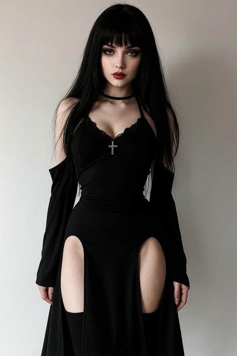 Siyah Gothic Çift Yırtmaçlı Askılı Ek Kollu Elbise