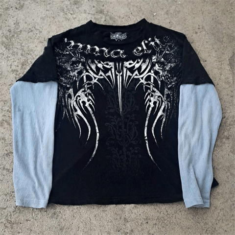 Siyah Gothic Punk MMA Elite Beyaz Kollu Cyber Grunge İnce Sweatshirt