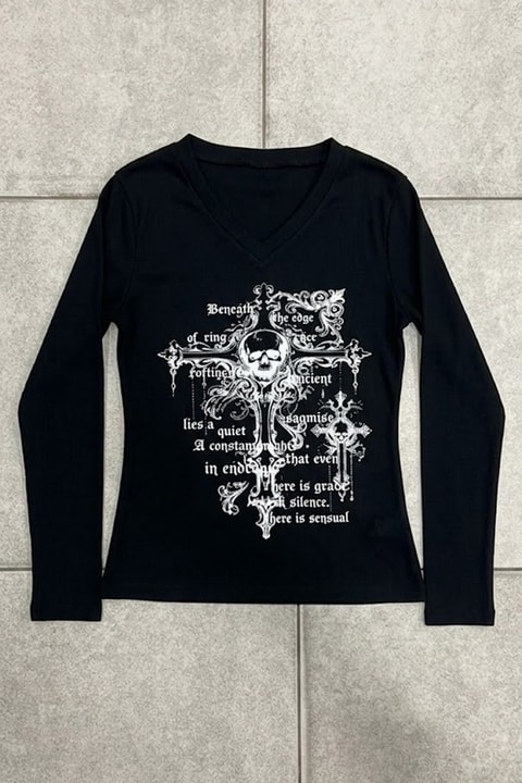 Siyah Gotik Cross Skull Y2K Uzun Kollu Crop