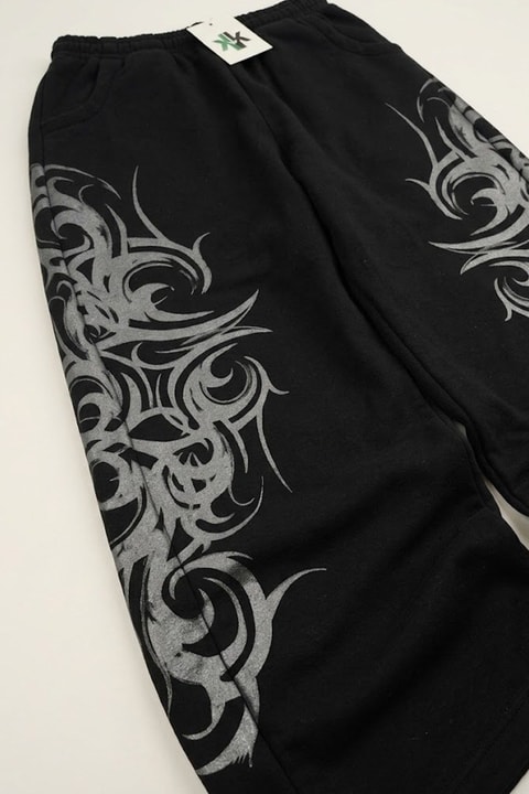 Siyah Gotik Kırmızı Tribal Y2K Beli Lastikli Eşofman