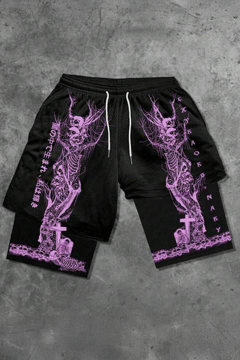 Siyah Gotik Pink Skeleton Cepli Şort