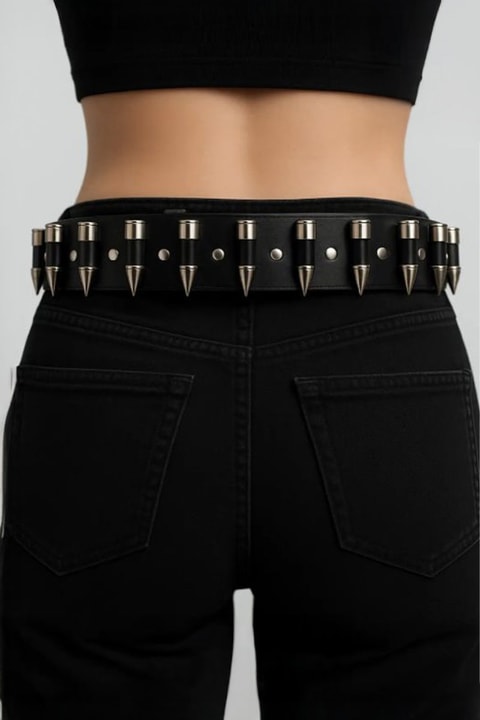 Siyah Gotik Silver Mermi Şeritli Y2K Kemer
