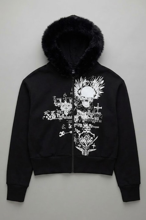 Sİyah Gotik Skull Cross Kürk Detaylı Y2K Crop Hırka