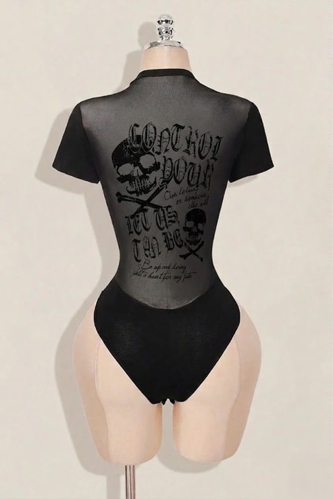 Siyah Gotik Skulls Control Transparan Kısa Kollu Çıtçıtlı Body