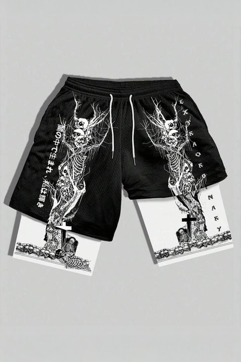 Siyah Gotik White Skeleton Cepli Şort