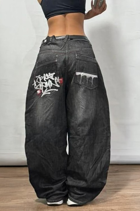 Siyah Grafiti Yıkamalı Harajuku Baggy Y2K Pantolon
