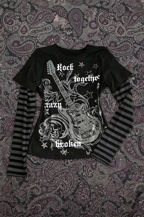 Siyah Guitar Siyah Antrasit Kollu Çizgili Y2K Unisex Sweatshirt