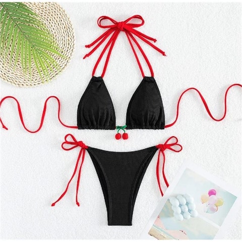 Siyah Kirazlı Kırmızı İpli Bikini Takımı