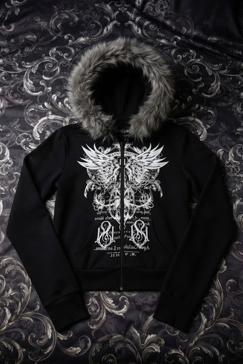 Siyah Kürklü Wings Motifli Gotik Y2K Crop Hırka