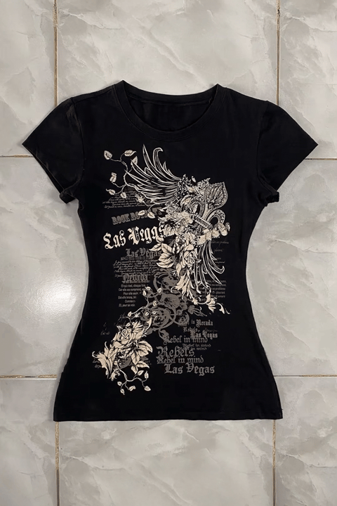 Siyah Las Vegas Rebels Grunge Y2K Kısa Kollu Crop