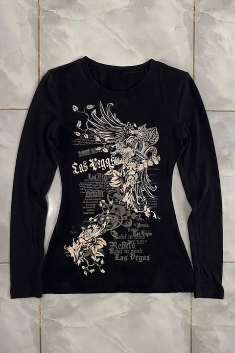 Siyah Las Vegas Rebels Grunge Y2K Uzun Kollu Crop