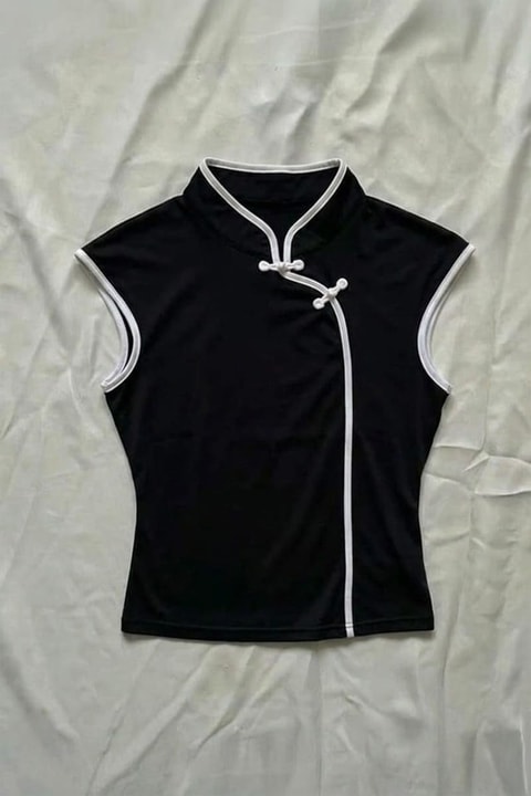Siyah Mandarin Yaka Beyaz Şeritli Qipao Y2K Kısa Kollu Crop