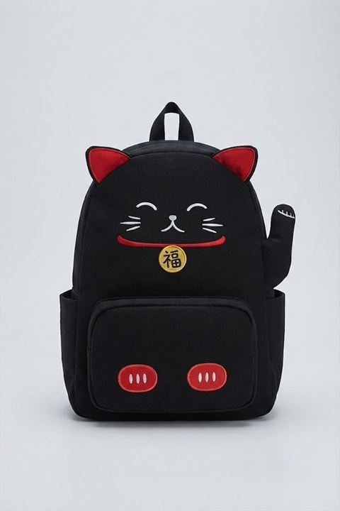 Siyah Maneki Neko Kawai Sırt Çantası