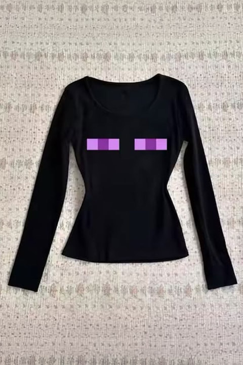 Siyah Minecraft Enderman Purple Eyes Y2K Uzun Kollu Crop