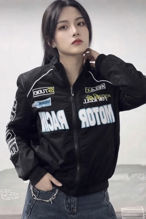 Siyah Motor Racer Retro Y2K Unisex Ceket