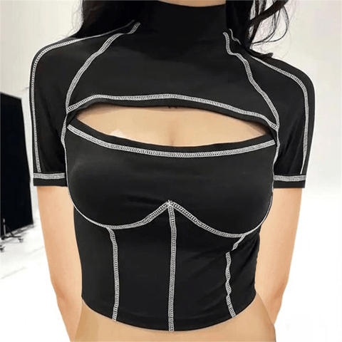 Siyah Parçalı Ters Dikiş Kısa Kollu Crop
