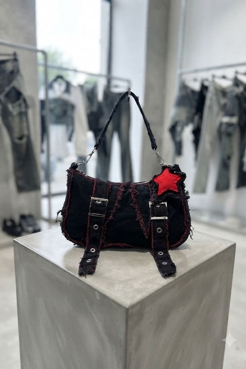 Siyah Red Star Grunge Yan Çanta