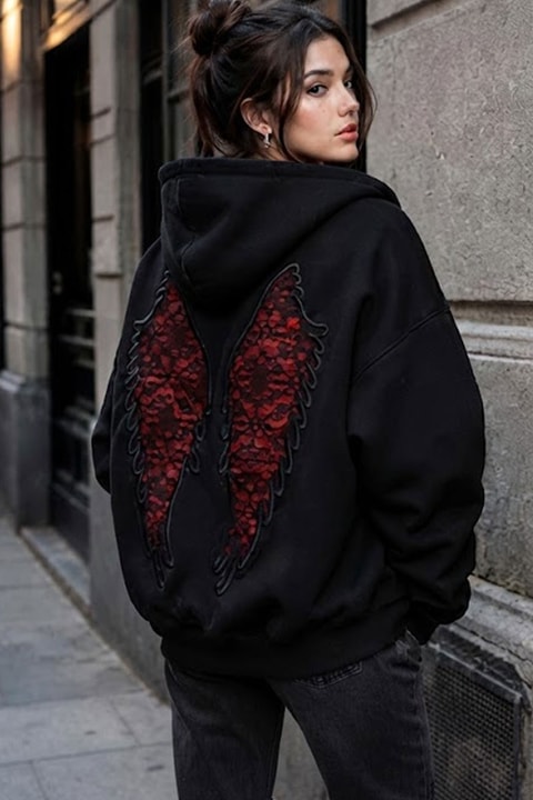 Siyah Red Wings Sırt Baskılı Y2K Unisex Hırka