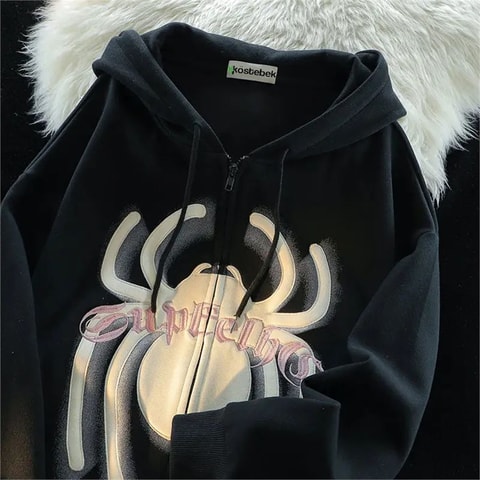 Siyah Retro Spider Fermuarlı Kapüşonlu Sweatshirt