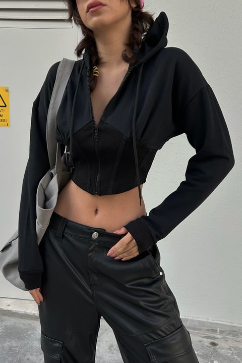 Siyah Şeritli Crop Top Fermuarlı Kapüşonlu Sweatshirt
