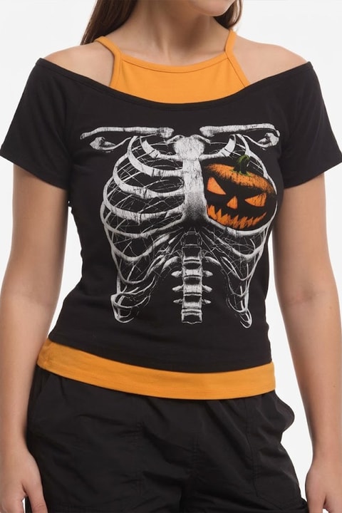 Siyah Skeleton Pumpkin Ekli Gotik Halloween Y2K Kısa Kollu Crop