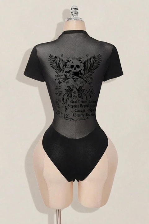 Siyah Skull Ambition Gotik Rose Transparan Kısa Kollu Çıtçıtlı Body