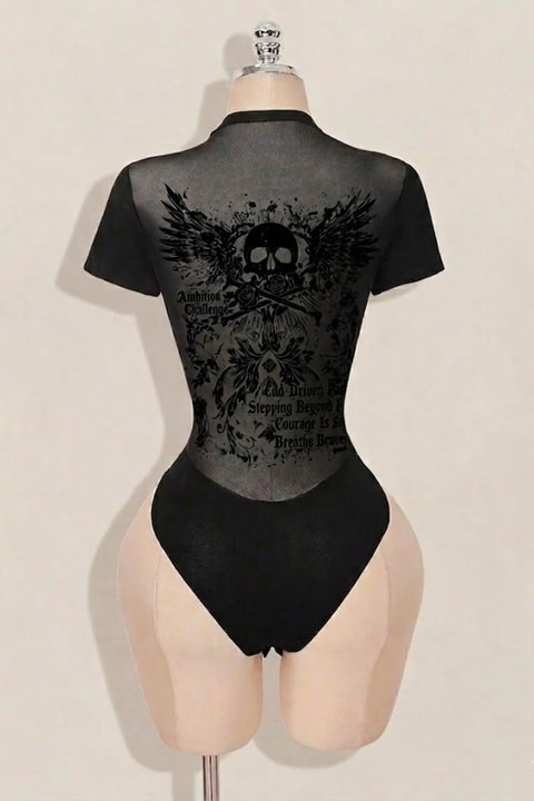 Siyah Skull Ambition Gotik Transparan Kısa Kollu Çıtçıtlı Body