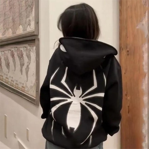 Siyah Spider Sırt Baskılı Kalın Kumaş Fermuarlı (Unisex) Kapüşonlu Sweatshirt