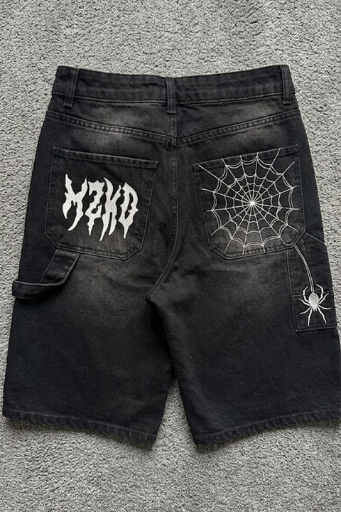 Siyah Taşlamalı Beyaz MZKD Spider Y2K Baggy Unisex Şort