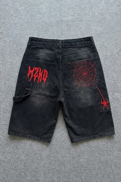 Siyah Taşlamalı kırmızı MZKD Spider Y2K Baggy Unisex Şort