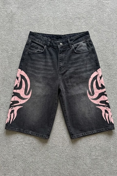 Siyah Taşlamalı Pembe Tribal Baskılı Y2K Unisex Baggy Şort