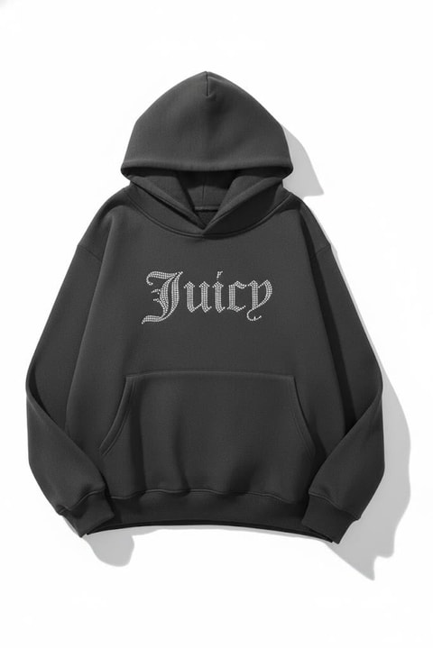 Siyah Taşlı Juicy Oversize Kapüşonlu Sweatshirt
