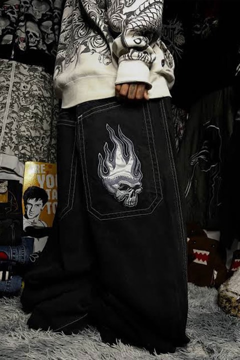Siyah Ter Dikiş Flaming Skull Harajuku Y2K Unisex Baggy Pantolon