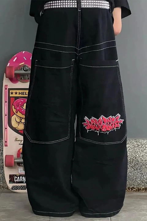 Siyah Ters Dikiş Skater Streetwear Y2K Unisex Baggy Pantolon