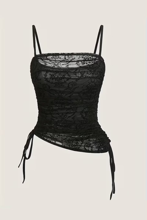 Siyah Transparan Dantelli Desenli Gotik Y2K Askılı Crop