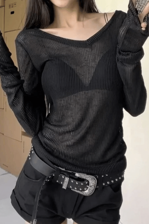 Siyah Transparan V Yaka Salaş Full Body Crop