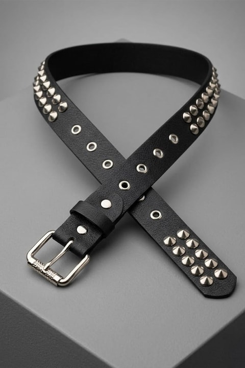 Siyah Üç Şeritli Piramit Metal Stud Gotik Deri Kemer