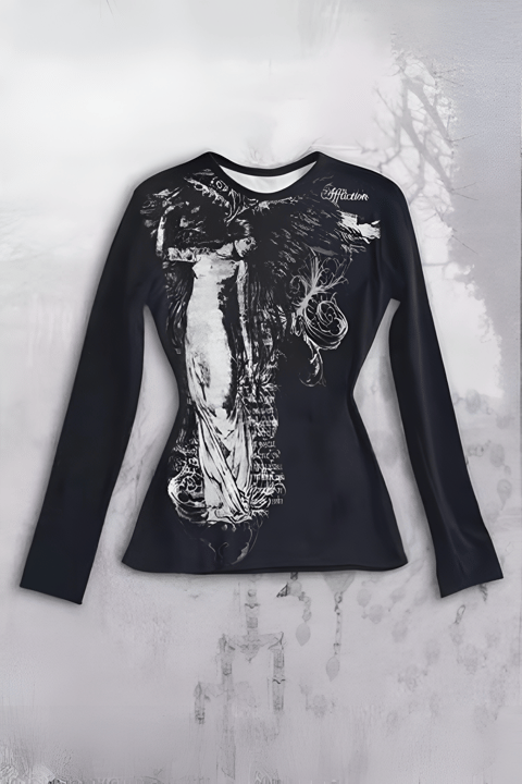 Siyah Vintage Angel Affaction Cyber Grunge Y2K Uzun Kollu Crop