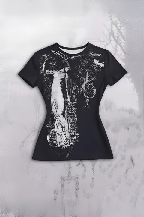 Siyah Vintage Angel Affliction Cyber Grunge Y2K Kısa Kollu Crop