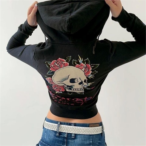 Siyah Vintage Skull Fermuarlı Kapüşonlu Crop