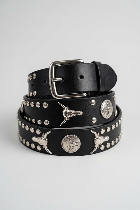 Siyah Western Grunge Boğa Kafalı Gotik Deri Kemer