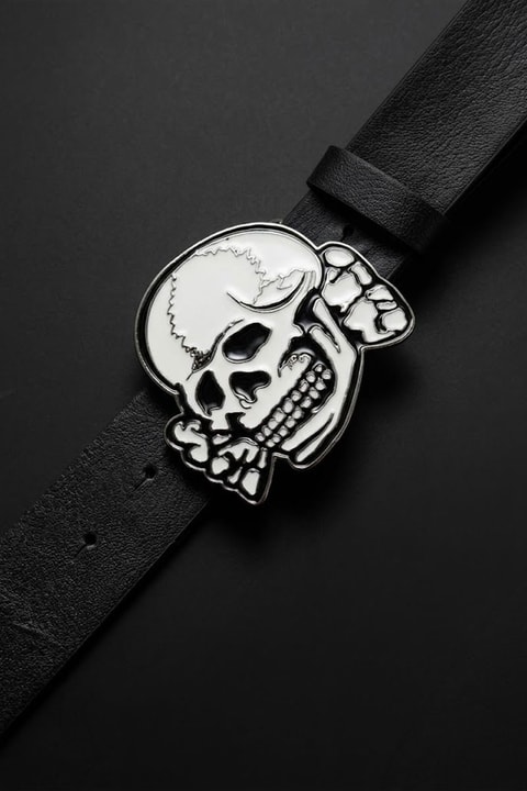 Siyah White Enamel SKull Deri Kemer
